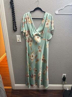 A New Day Satin Flutter Sleeve V-Neck Maxi Dress in Mint Floral